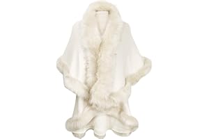 ZLYC Women Fine Knit Open Front Faux Fur Trim Layers Poncho Cape Cardigan Sweater