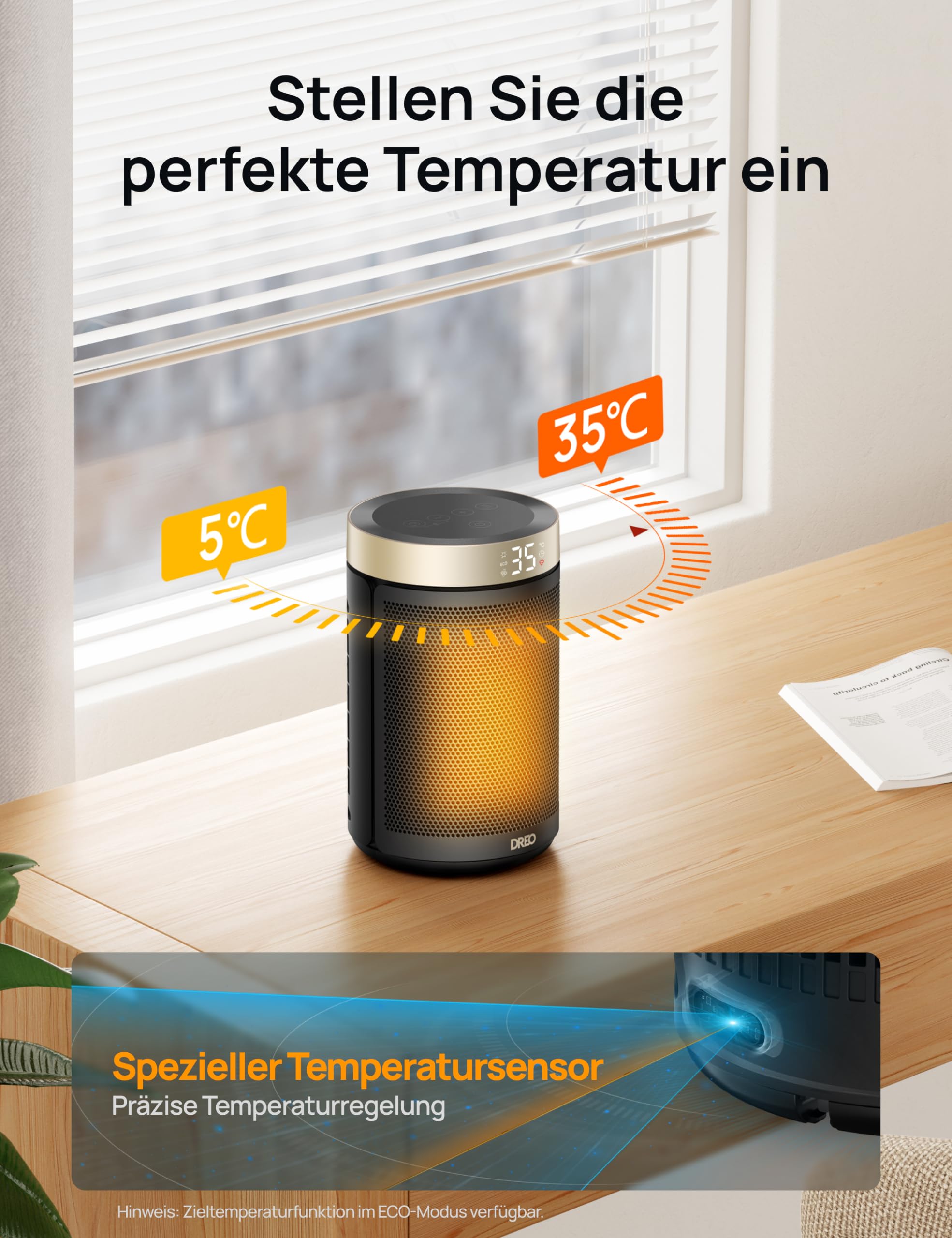 Dreo Energiesparender Heizlüfter, 34 dB Leiser 1500W Elektrischer PTC Keramik, Thermostat, Überhitzungs- & Kippschutz, 12 Std. Timer, Elektroheizung für Räume Schlafzimmer, Heater 316, Gold 7