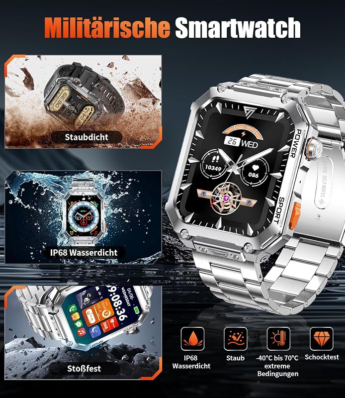 Smartwatch Herren mit großem 2,01" HD-Bildschirm, 2 Armbänder, Bluetooth-Anrufe, Herzfrequenz & SpO2-Messung, 120+ Sportmodi, IP68 wasserdicht Sportuhr iOS/Android, Silber — Foto 7 von 7