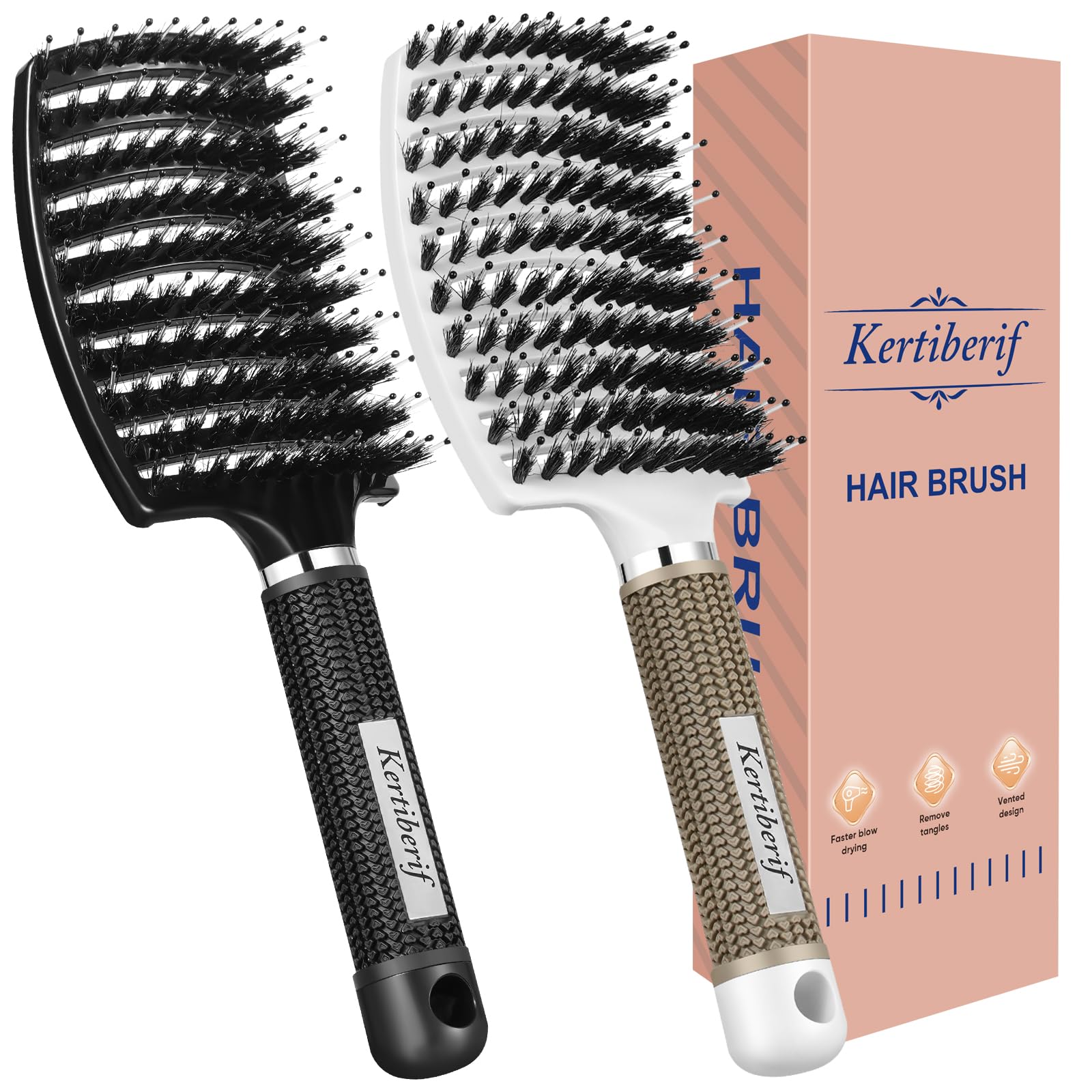 Photo 1 of Kertiberif Boar Bristle Hair Brush 2PCS, Curved Vented Detangling Brush for Wet and Dry Hair, Styling Paddle Hairbrush for Women Men Kids Curly Straight Thick Long or Short Hair