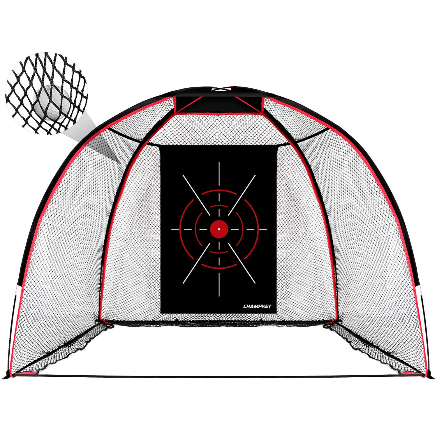 CHAMPKEY Golf 10' x 7' Hitting Net with Mat, 5 Ply-Knotless Netting, Impact Target, Fiberglass Poles, Portable, Black