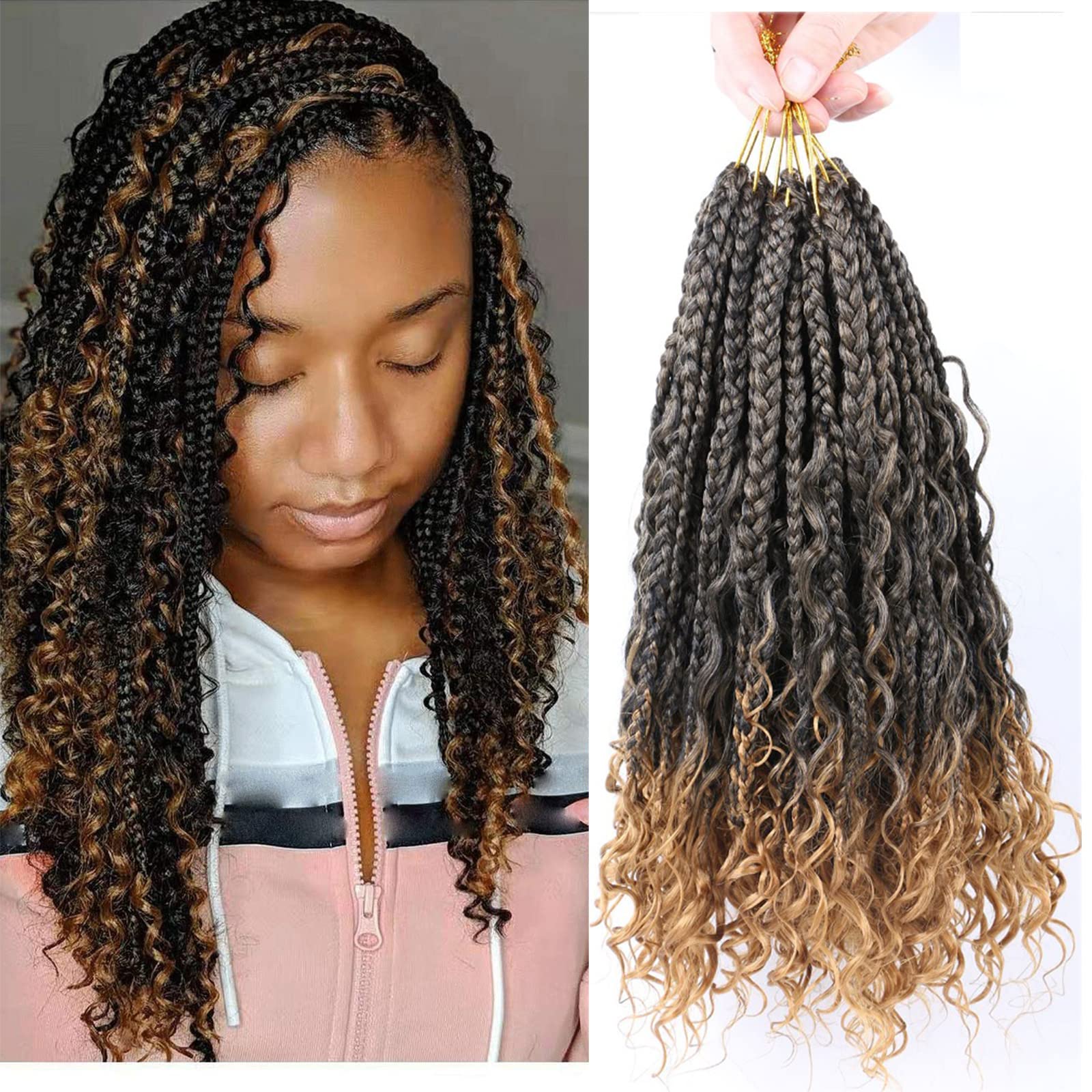 WoWCFyyds 8 Packs Goddess Box Braids Extensions 14 inch Bohemian Hippie Braids with Curly Ends Synthetic Hair Extension for Black Women（1B/27）