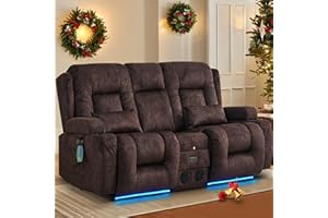 TUNYI Power Loveseat Recliner Sofa with Massage & Heat Home Theater Seating with Console RV Recliner Loveseat Sofa with USB/Outlet/Storage/Side Pocket/LED Light/Speaker (Velvet, Brown)