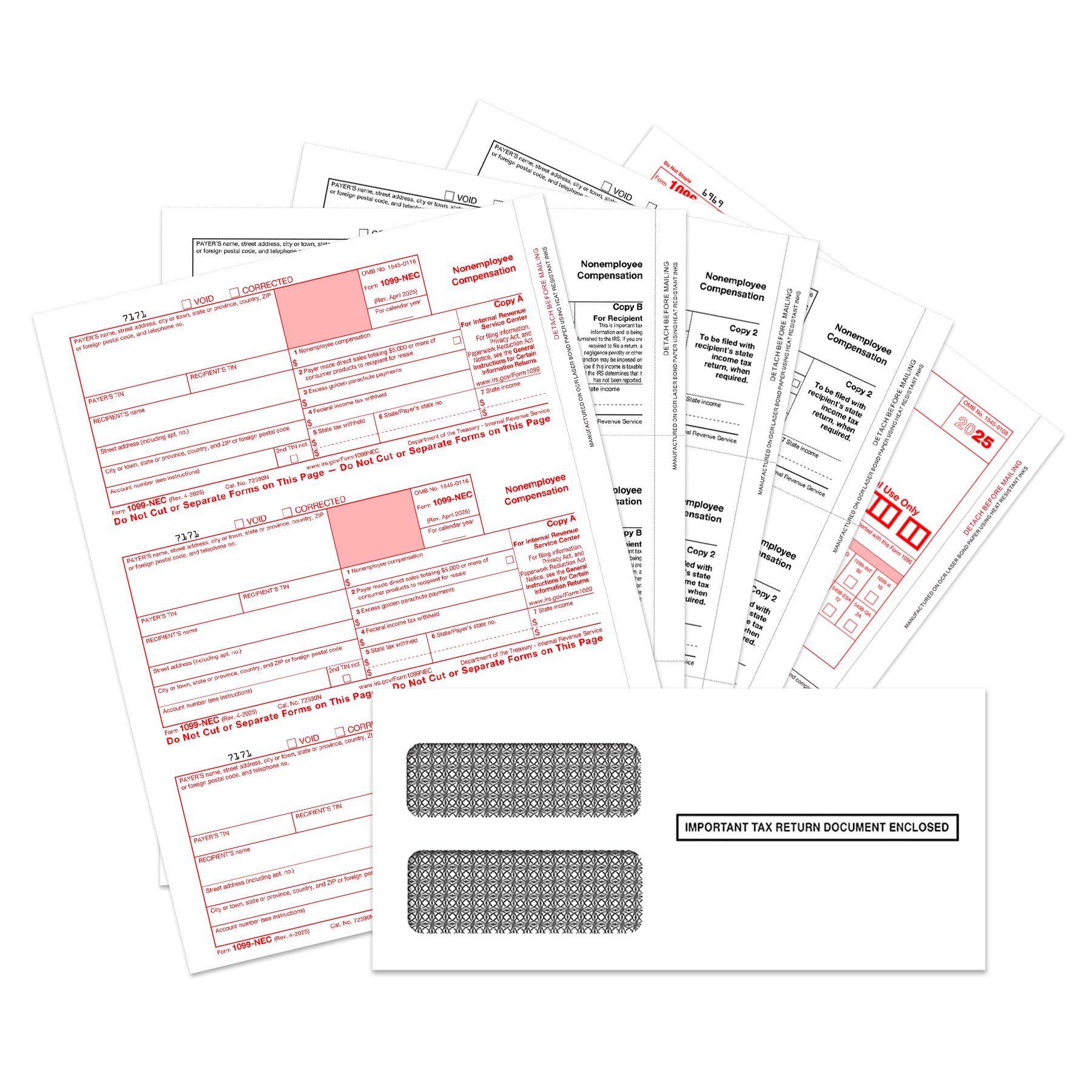 Photo 1 of 1099 NEC Forms 2025, 4 Part Tax Forms Kit, 25 Vendor Kit of Laser Forms Designed for QuickBooks and Accounting Software, 25 Self Seal Envelopes Included