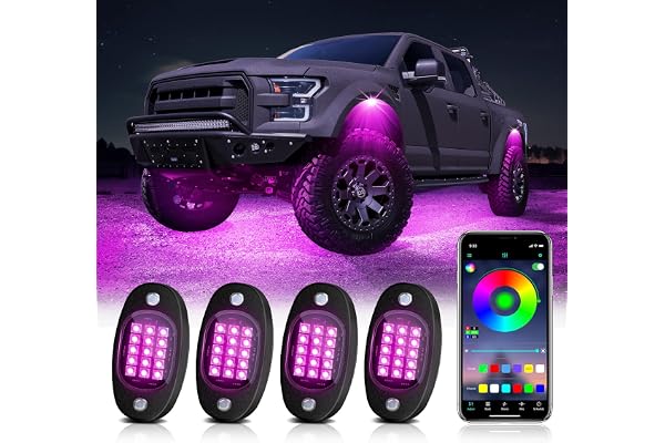 4 Pods RGB LED Rock Lights Kit with APP Control, Multi-Color 175° Beam Angle Car Underglow Lights for Trucks, Waterproof Musi