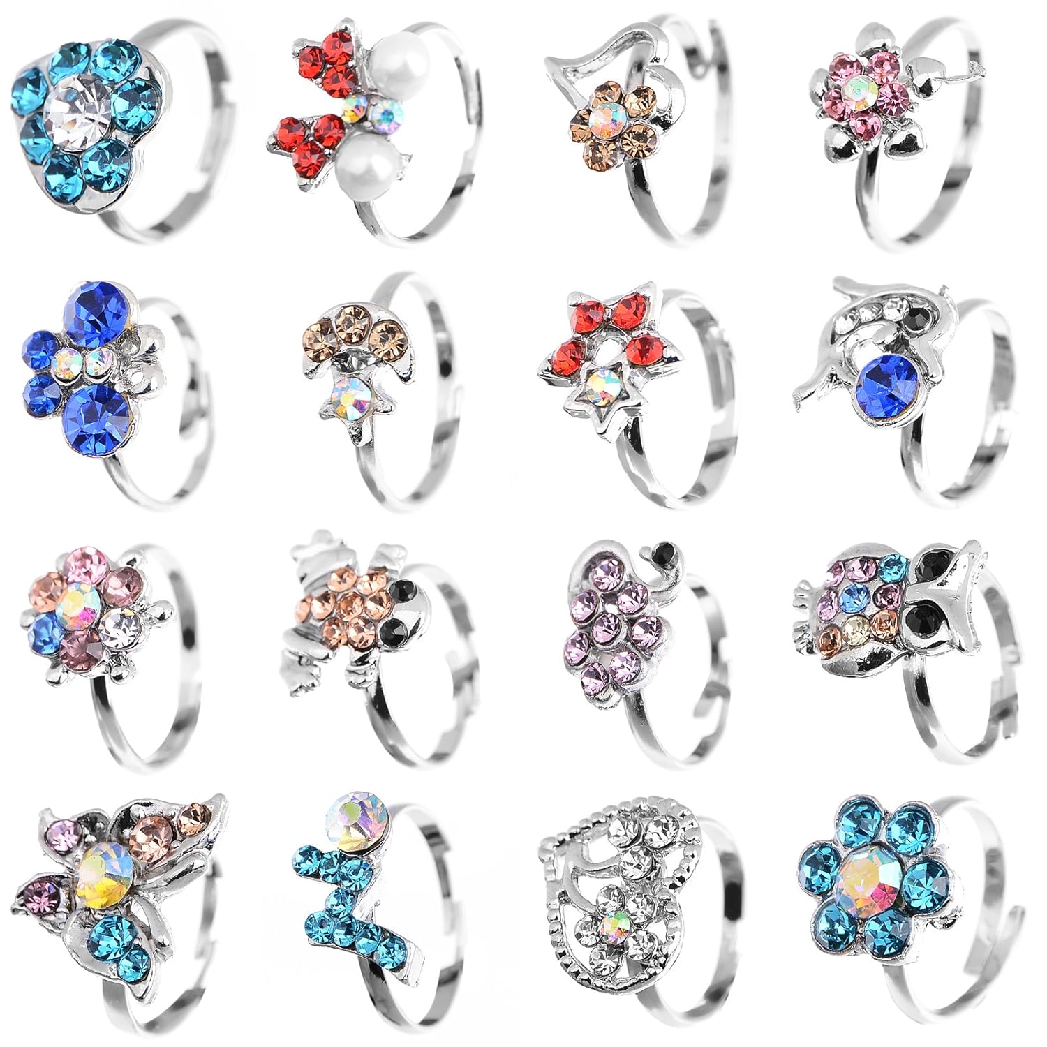 Shuning Children Kids 20pcs Cute Crystal Silver Plated Adjustable Rings Jewelry