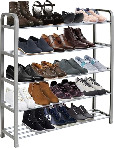 Keplin 5 Tier Shoe Rack Organiser Grey Quick Assembly No Tools 75.5x18.5x75.5cm