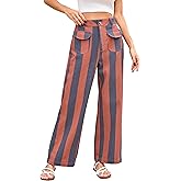 YEXPINE Women's Striped Color Block Jeans Casual High Waisted Straight Leg Baggy Denim Pants with Pockets