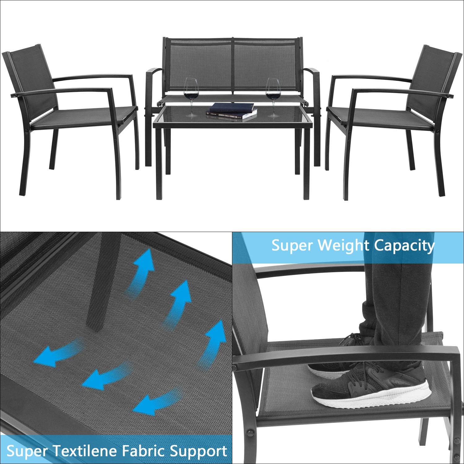 Devoko 4 Pieces Patio Furniture Set Outdoor Garden Patio Conversation Sets Poolside Lawn Chairs with Glass Coffee Table Porch Furniture (Black): Garden & Outdoor