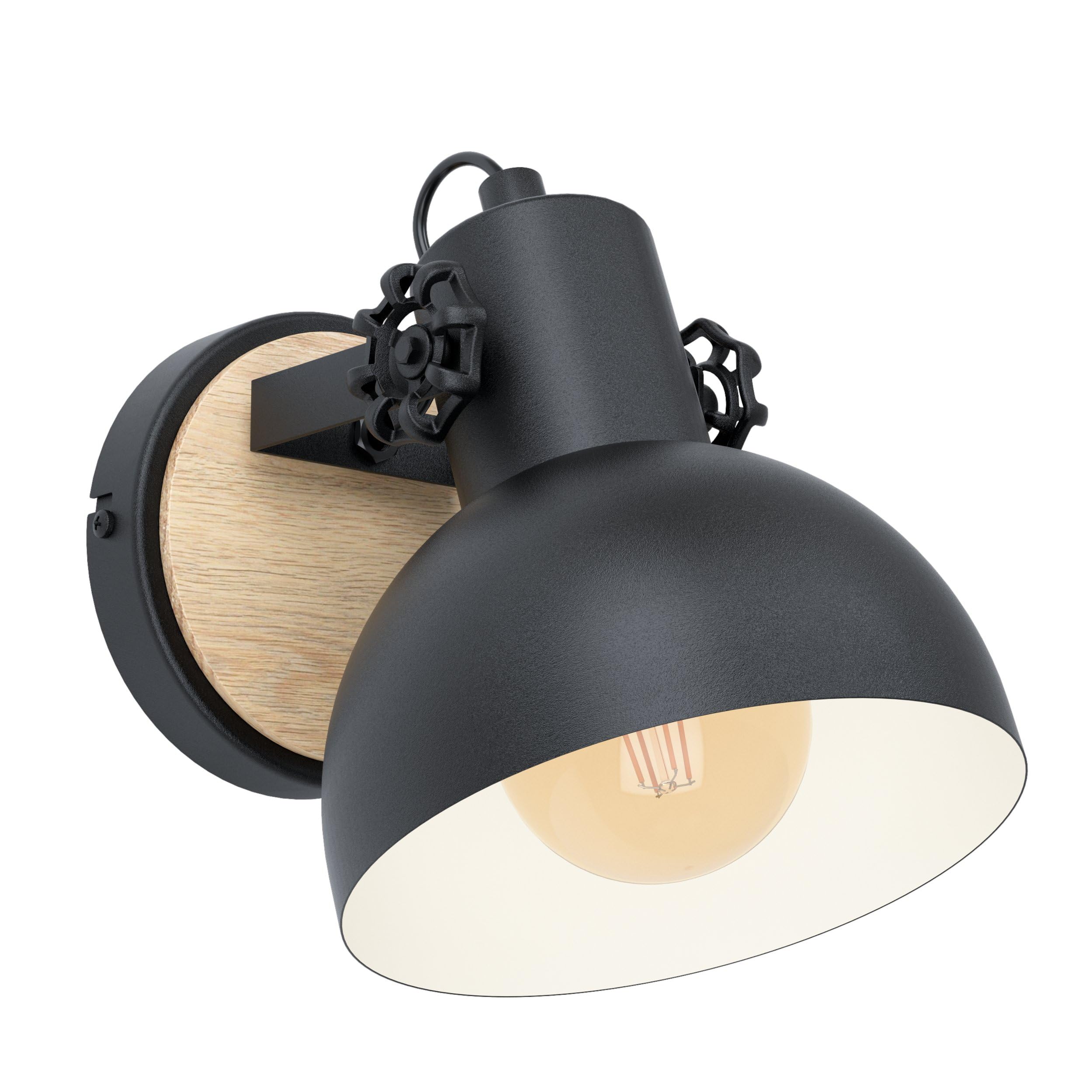 Eglo wall lamp Lubenham, 1-Light Vintage wall lamp in Industrial Design, Retro wall Spotlight Made of Steel and Wood, Colour: Black, Brown, Socket: E27