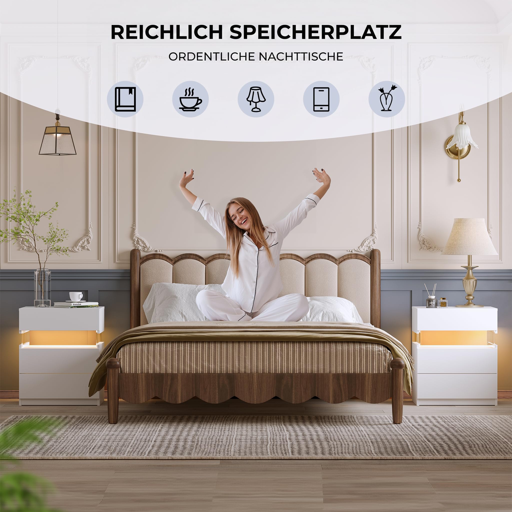 Cubehom Nachttisch 2er Set Weiß Nachtschrank mit 3 Schubladen Beistellschrank Nachttisch mit LED-Beleuchtung für Schlafzimmer, Weiß 7