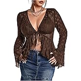WDIRARA Women's Plus Size Sexy Sheer Mesh Tops Deep V Neck Bell Long Sleeve Tee Shirts