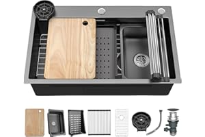 YITAHOME Drop In Kitchen Sink Workstation 30 Inch, Top mount Stainless Steel Nano Gunmetal Black Sink w/Glass Rinser, Cutting Board, Handmade Single Bowl Sink with Accessories 30 x 18 x 10in