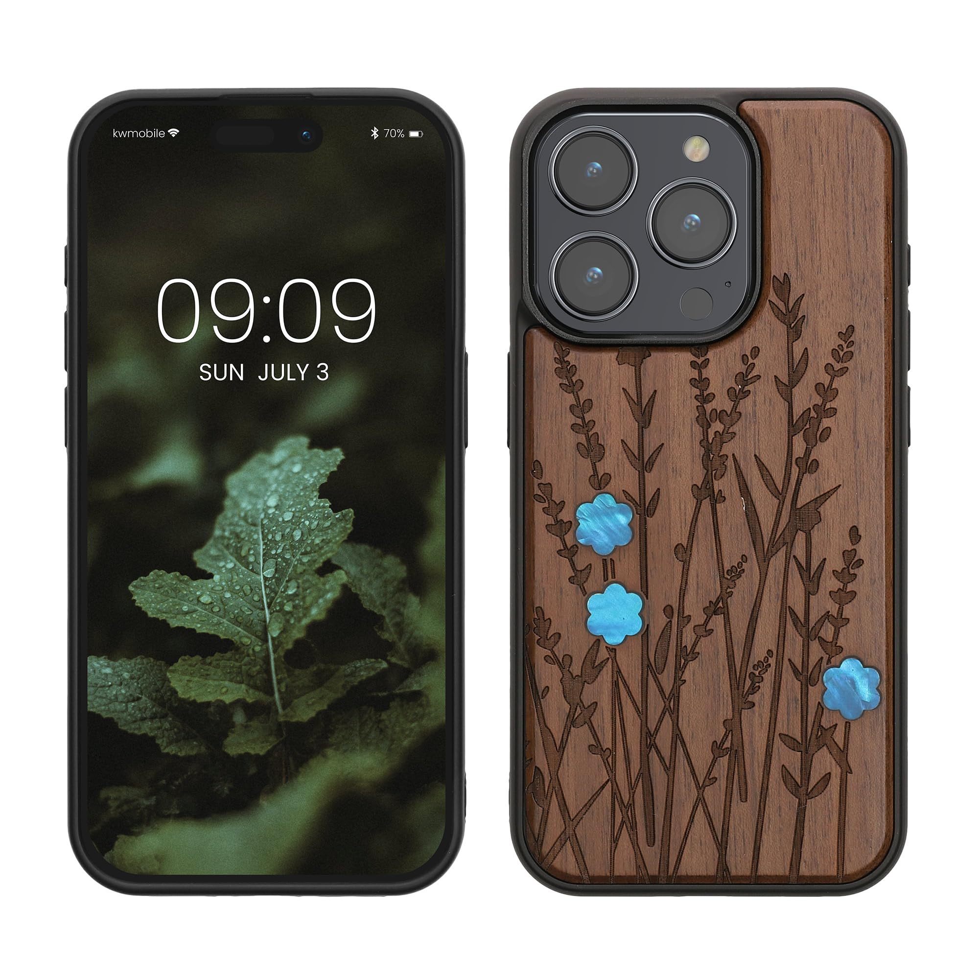 kwmobile Wood Case Compatible with iPhone 15 Pro Case - Cover - Wild Flowers Pearl Dark Brown