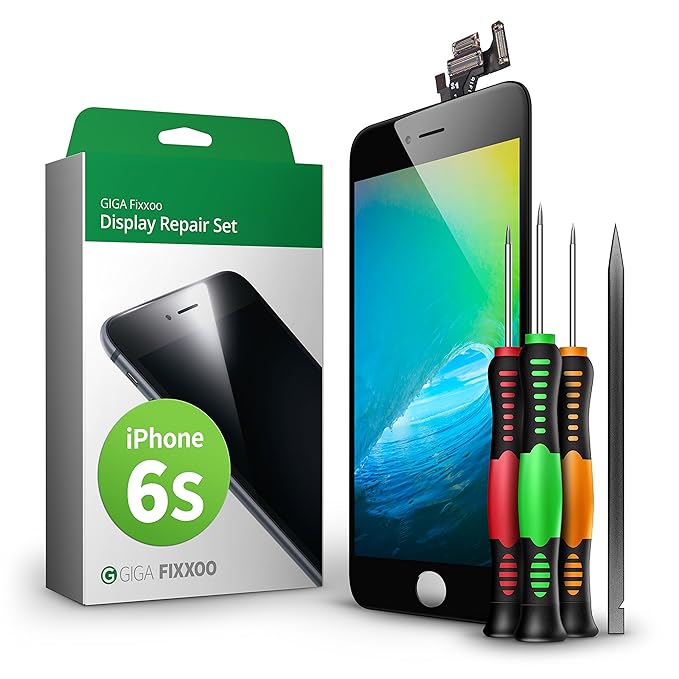 GIGA Fixxoo Display Set kompatibel mit iPhone 6s, Reparaturset Komplett Schwarz, Ersatz Bildschirm, Retina LCD Glas mit Touchscreen, inkl. integrierte Frontkamera & Werkzeug
