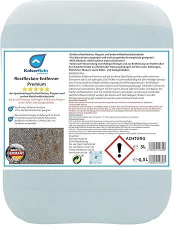 Kaiserrein Rostflecken Entferner 5 L Rostfleckenentferner Auf Fliesen Stein Metall Stein Rostflecken Stein Fliese Mauer Terrasse Amazon De Drogerie Korperpflege