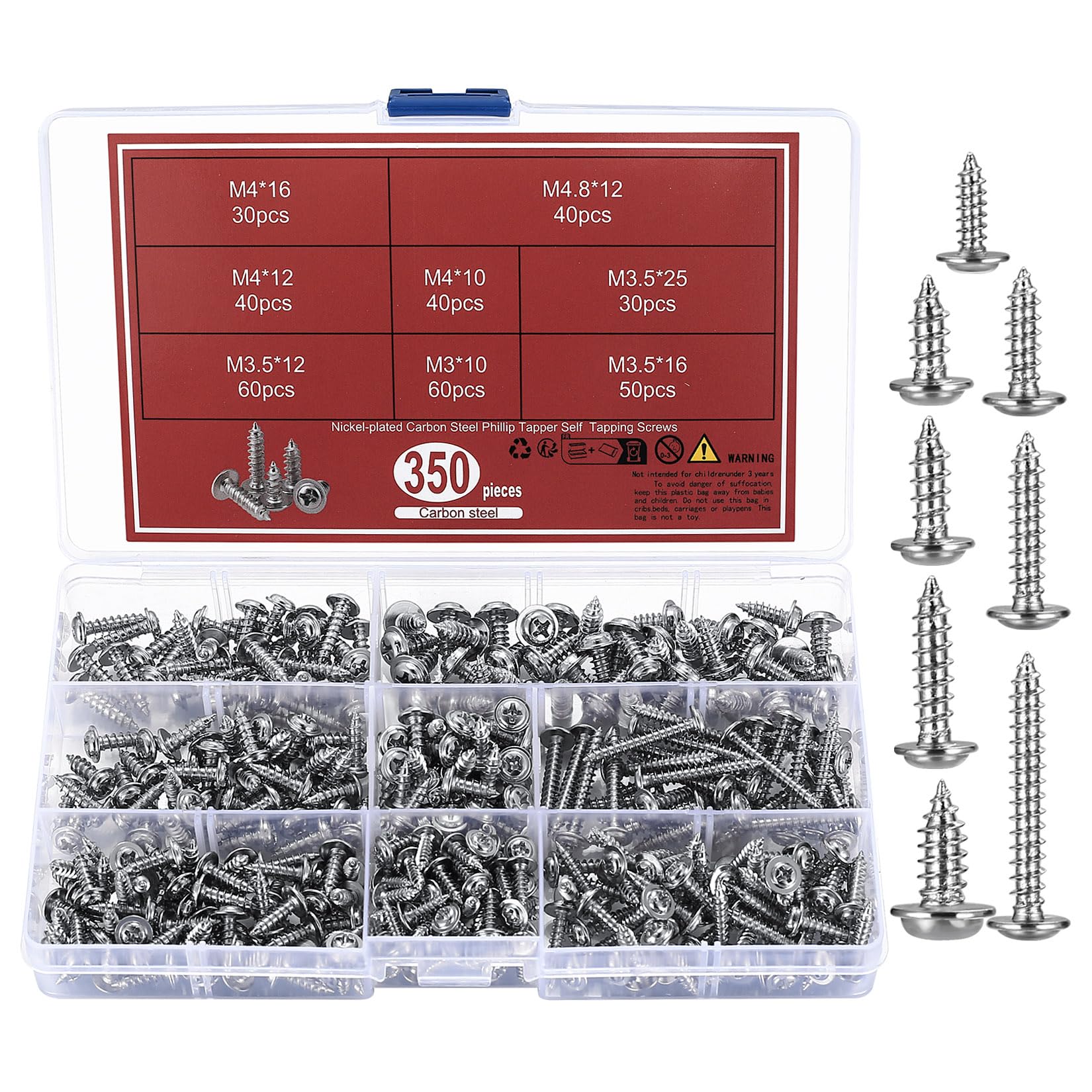 350 Pcs Self Tapping Screws Kit, Rust-Proof M3-M4.8 Assorted Pan Head Phillips Screws, Metal Wood Self-Drilling Machine Screws with Storage Box, Cross Washer Head Fasteners Set (8 Sizes)