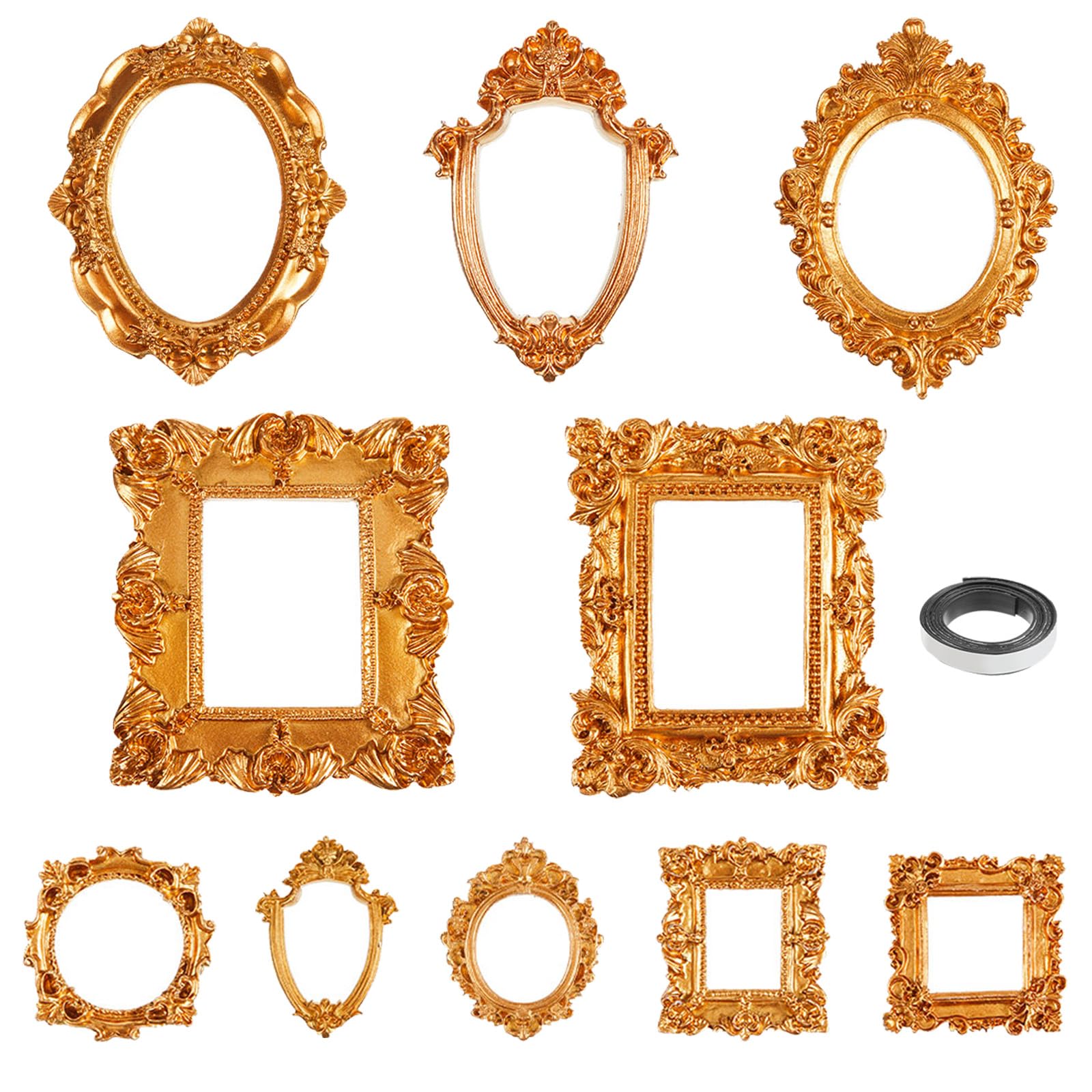 Photo 1 of Teenyyou 10 Pcs Mini Gold Picture Frames with Magnetic Tape Small Vintage Resin Antique Miniature Tiny Frames DIY Baroque for Photo Jewelry Home Wedding Decor