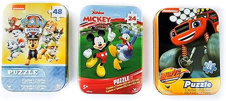 Amazon 収集価値のあるパズル缶3個 5歳以上の男の子または女の子向け ディズニージュニアとニックジュニア ミッキーマウスとドナルドダック パウパトロール ブレイズとモンスターマシーン それぞれ24または48ピース ジグソーパズル おもちゃ