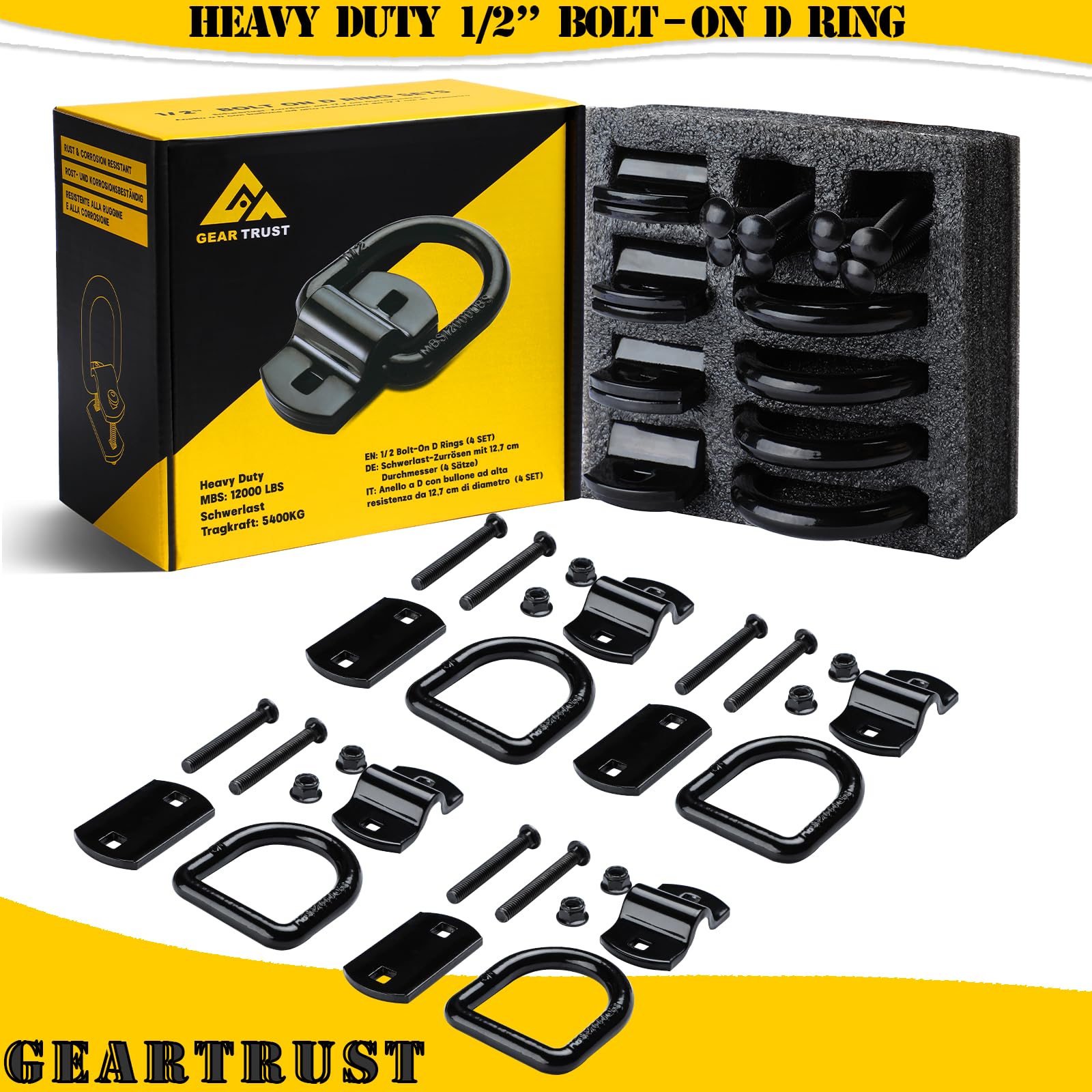 Trailer D Rings Heavy Duty Bolt-On Forged D Ring, 12000 LBS 1/2''Thick D Ring Tie Down Anchors Hooks for Truck Bed, Utility Trailers, Vans, Rvs (Pack of 4) Black