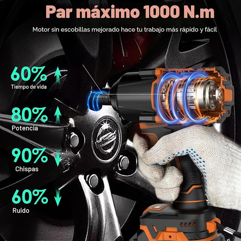 Chave de impacto a bateria de 1000N.m, chave elétrica de impacto sem escovas de 1/2" com bateria de 4,0Ah, buchas Impact 5, chave de impacto sem fios elétrica para casa/carro