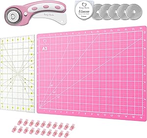 Rotary Cutter Set Pink - Quilting Kit incl. 45mm Fabric Cutter, 5 Replacement Blades, A3 Cutting Mat, Acrylic Ruler and Craft Clips - Ideal for Crafting, Sewing, Patchworking, Crochet & Knitting