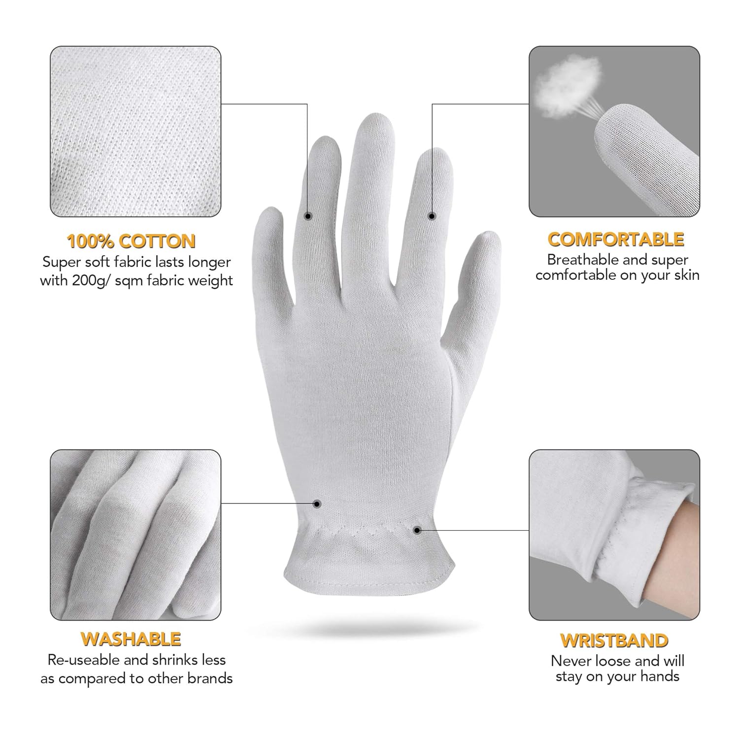 Cotton Gloves For Dry Hands, Moisturizing Gloves Overnight, Eczema Treatment, Skin Spa Therapy, Cosmetic Jewelry Inspection Premium Quality (5 Pairs) : Beauty