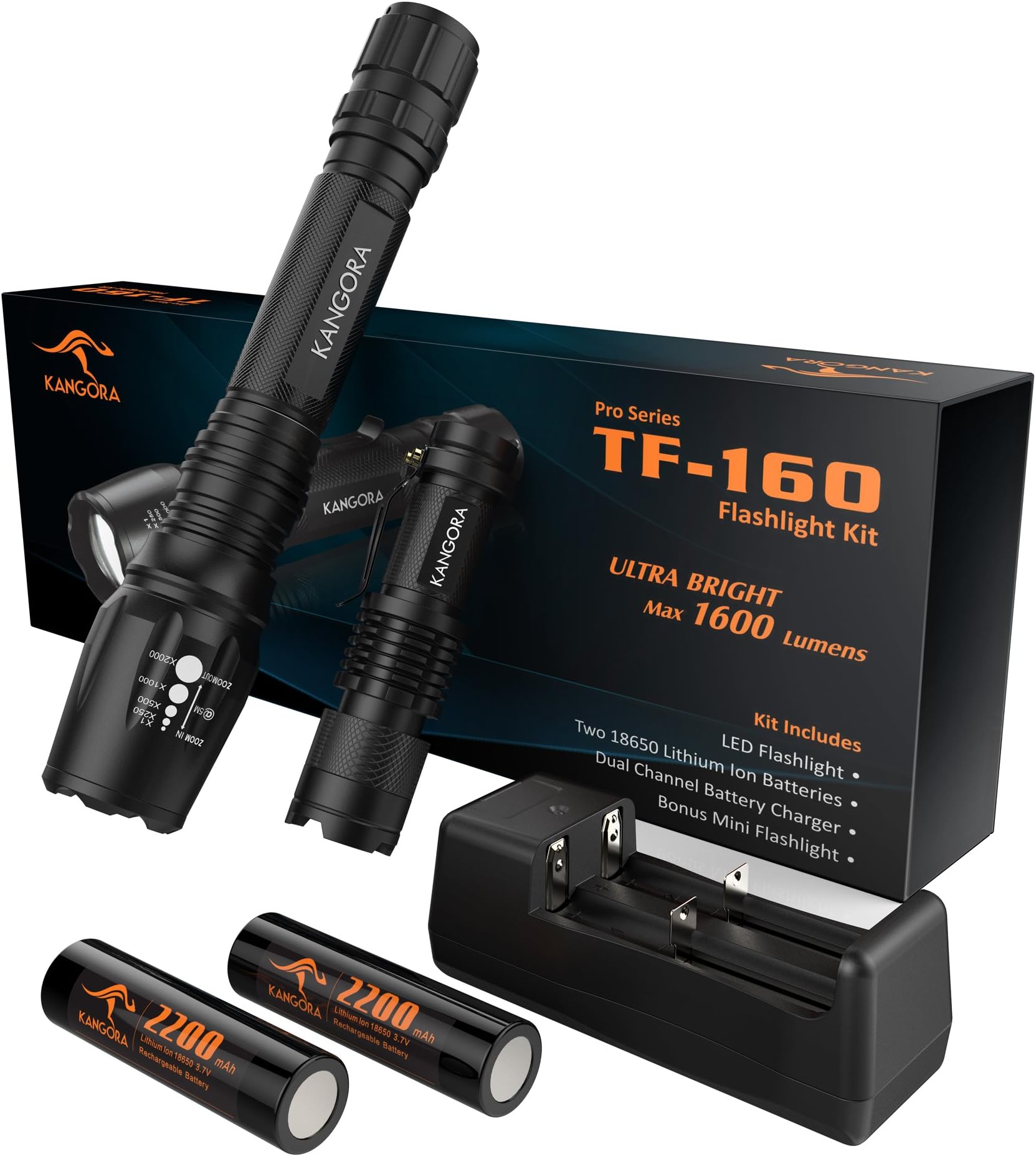KANGORA LED Flashlight Kit - 5 Modes - Water-Resistant Handheld Flashlights with Rechargeable 18650 Battery Charger for Camping, Hiking, Cycling, and Emergency Search Missions (TF-160)
