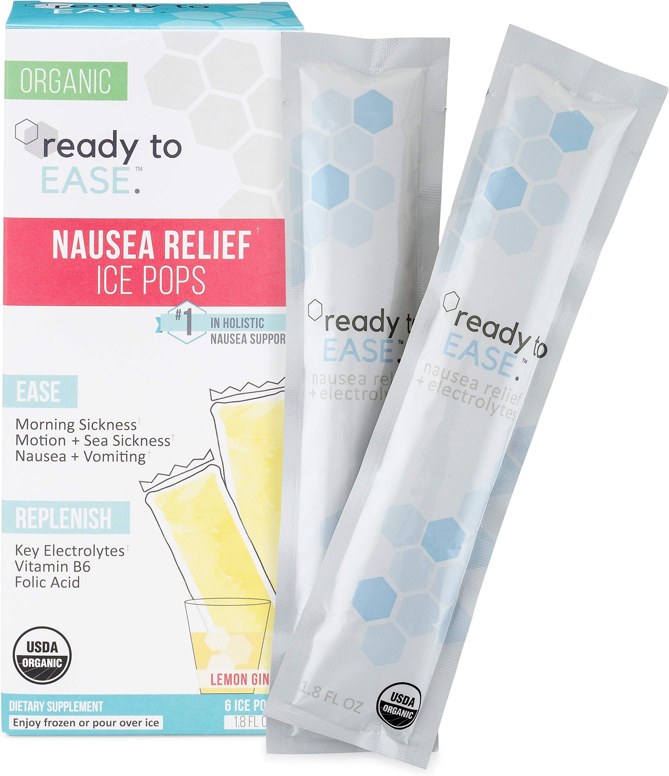 Ready to Ease - Nausea Relief for Morning Sickness, Motion Sickness + Hangovers Frozen or Liquid Shot, 6 Count, USDA Organic, with B6, Ginger, Coconut Water, Electrolytes