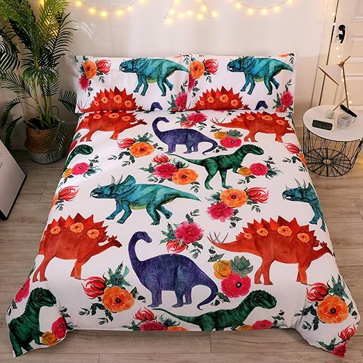 Lausonhouse Dinosaur Kids Duvet Cover Set,100% Cotton Dinosaur Print Duvet Cover Set for Kids 