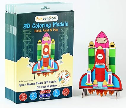 Funvention Space Shuttle - 3D Coloring Model (Pack of 6) - DIY Desk Organizer Pen Stand - STEM Leanring 3D Puzzle Toy - Art, Coloring and Painting Kit for Kids - Birthday Return Gift,Kids Party Pack