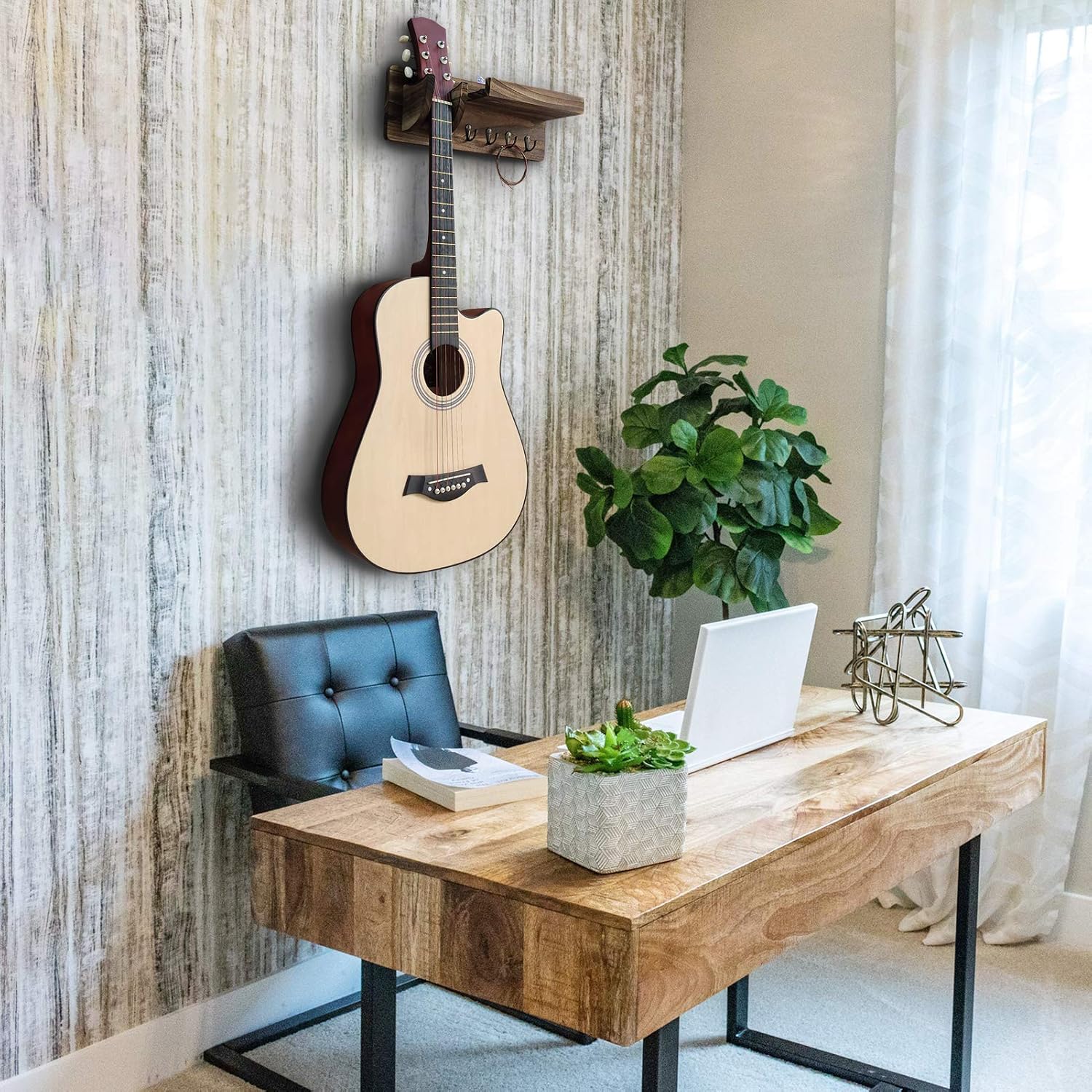 TTCR-II Guitar Wall Hangers Mount, Wooden Guitar Stand Holder Hanger Wall Mount Bracket Rack with 4 Hooks and Pick Holder for Ukulele Violin Bass Electric Guitars Acoustic Classical Guitar Accessories - Image 5