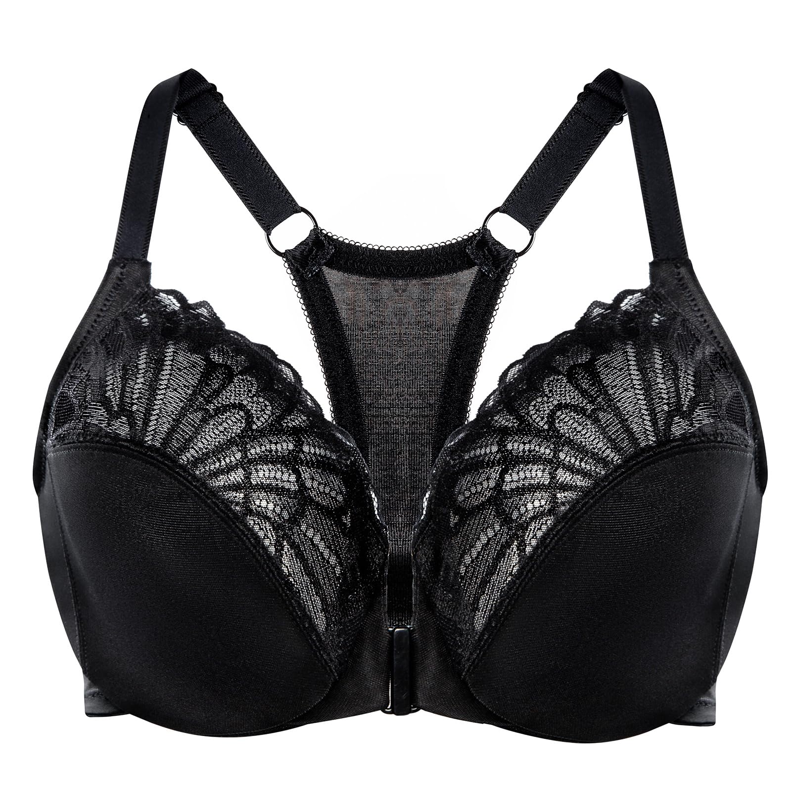 Photo 1 of MELENECA Women's Racerback Front Closure Lace Unlined Plus Size Full Coverage Underwire Bra Black 44G