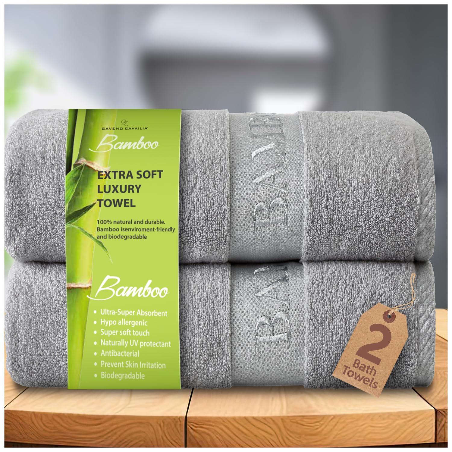 GC GAVENO CAVAILIA Large Bath Towel Bamboo Towels 2 Pack (70x120cm) - Highly Absorbent Quick Dry Towels (40% Cotton, 60% Bamboo) - Washable Bathroom Towel Silver - 500 GSM