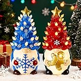 Riakrum 2 Pcs Gnome Christmas Tree Decor with Lights, Gingerbread Man, Snowflakes Sign 6.5” Lighted Blue Red Winter Decorations Resin Light up Gnomes Figurine for Table Indoor Centerpieces Home Decor