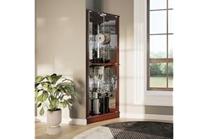 BELLEZE Lighted Corner Display Curio Cabinet Wooden Shelving Unit with Tempered Glass Door, Bar and Liquor Storage Area with 6 Shelves - Woody (Walnut)