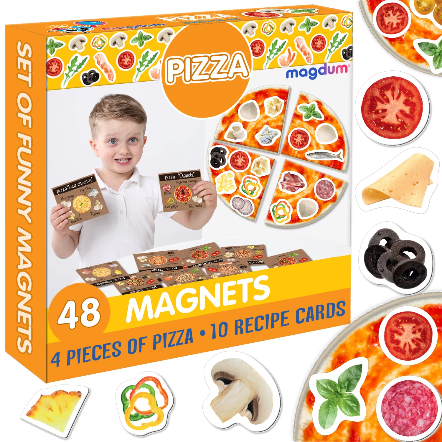 Pizza Food Magnets for Kids 2-5 - Magdum - 48 Fridge Magnets - Pretend Play Kitchen Learning Toy for Toddlers - Montessori Preschool Role Play Set - Realistic Pizza Toppings - Safe Gift Idea — image 1
