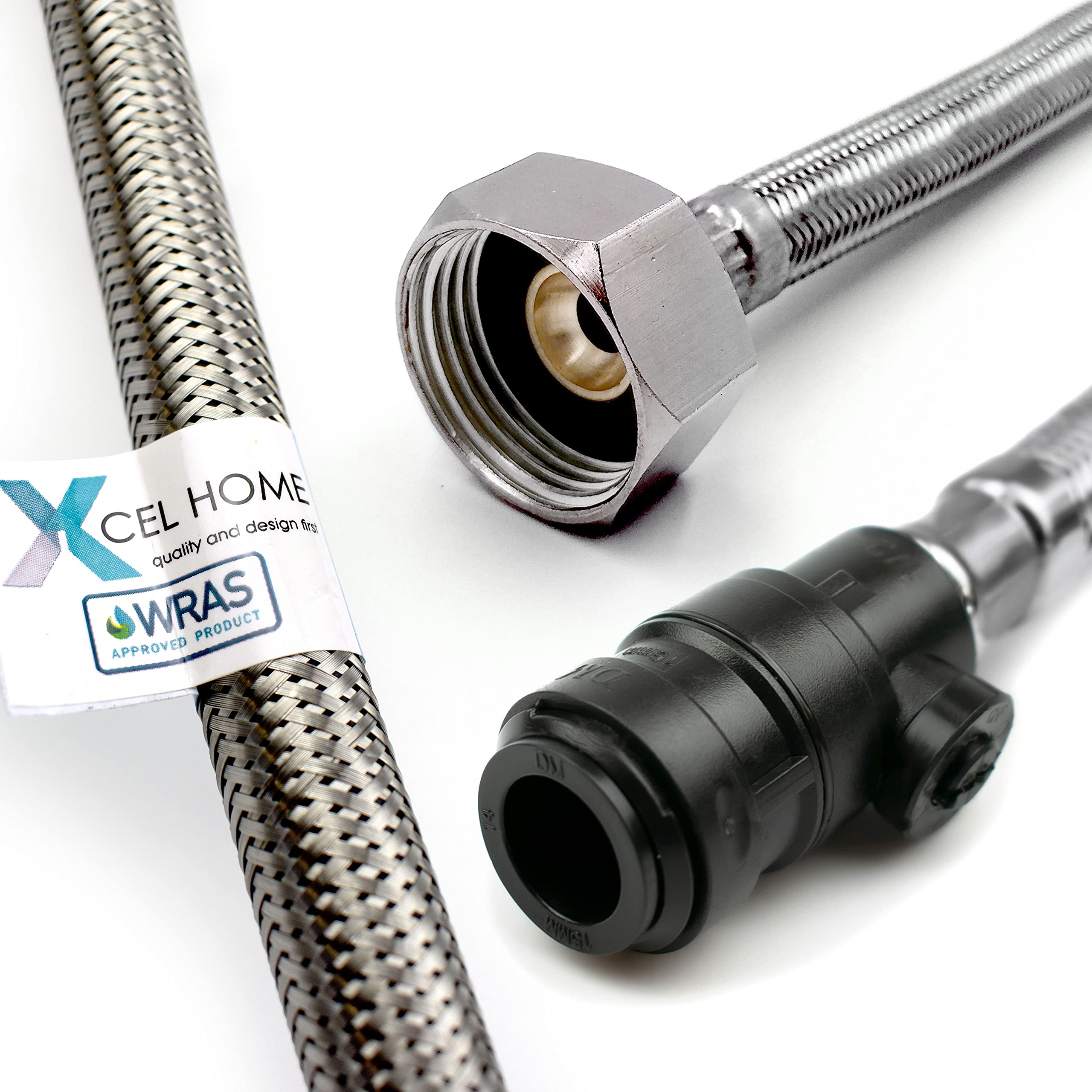 Xcel Home WRAS Approved PushFit Flexible Connector with Isolation Valve 15mm x 3/4" BSP (300mm Long) | 3 Lengths Available | Kitchen Sink/Bathroom Basin Stainless Steel Braided Flexi Tail | 1 Pipe
