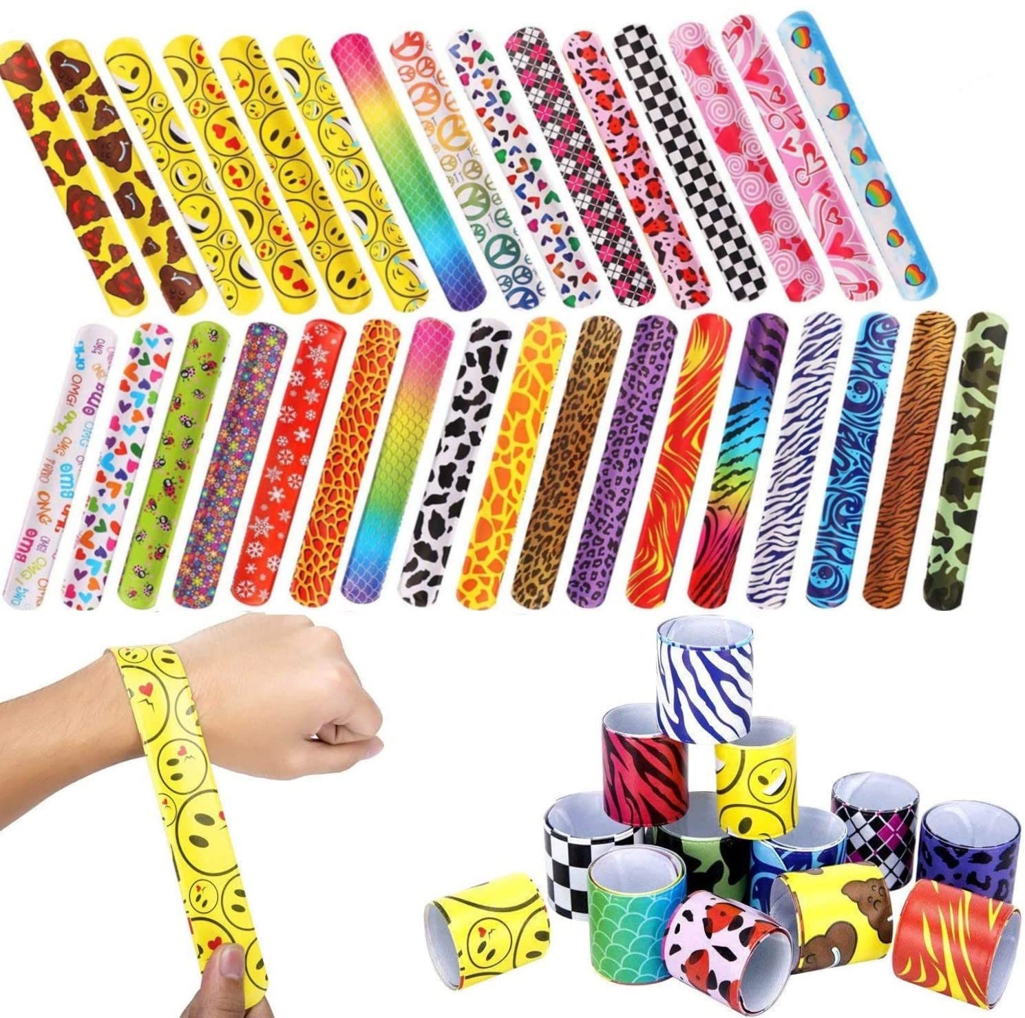 LATERN 100Pcs Slap Band Slap Bracelets, Snap Bands Party Favors with Colorful Hearts Animal Skin Emoji Christmas Prints Slap Band for Kids Party Bag Fillers