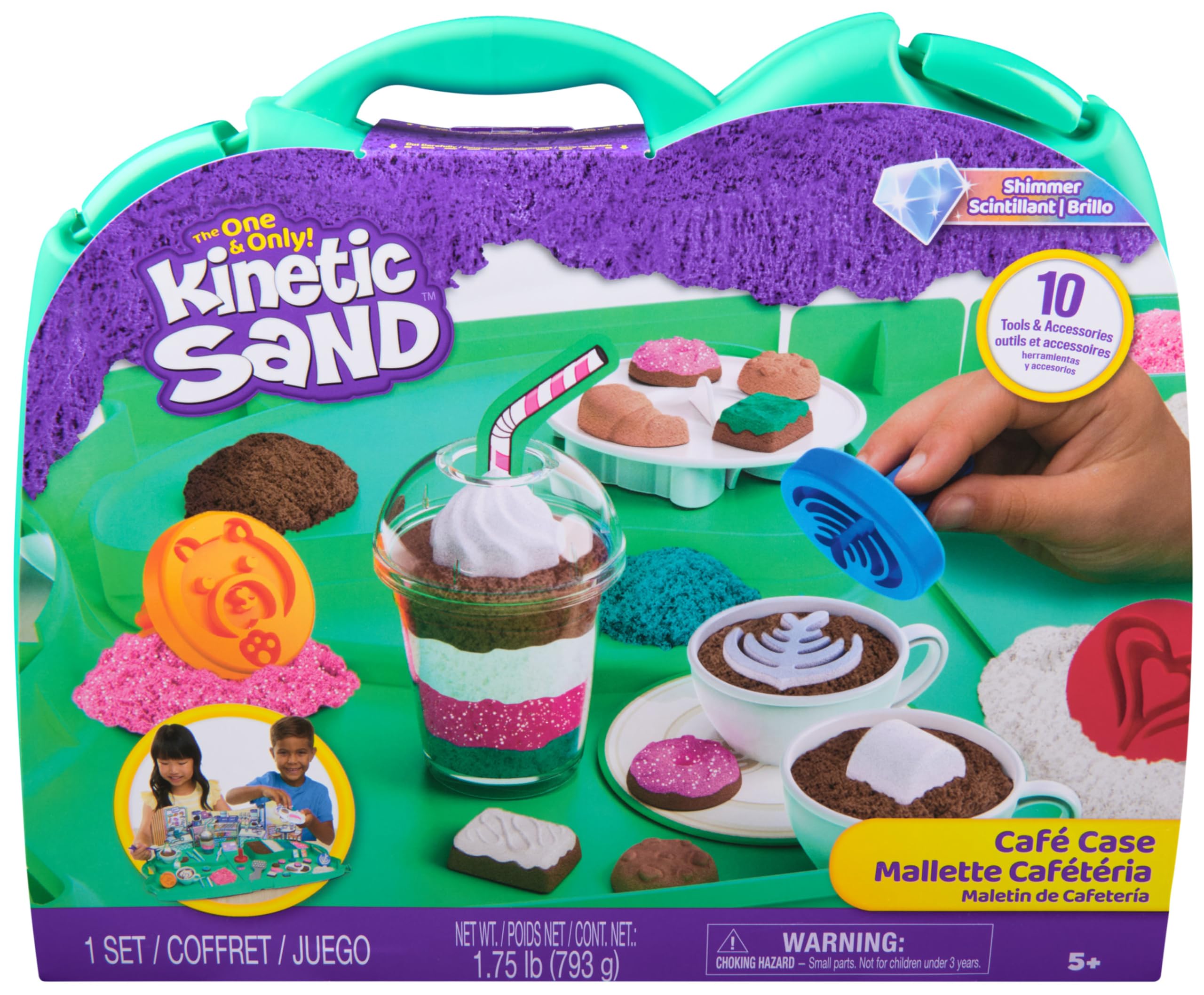 Kinetic Sand, Café Case with 793g Play Sand in 4 Colours, 9 Tools and Moulds, Storage, Kids’ Toys for Girls and Boys Aged 5 and up