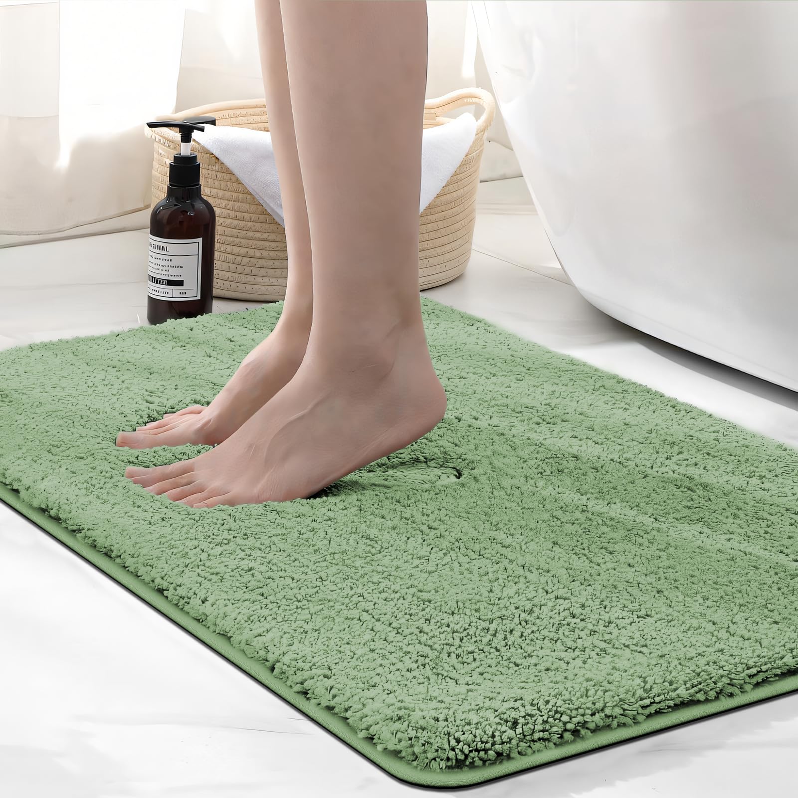 wyewye Microfibre Bath Mat, 2cm Super Thick Bath Rug, Super Absorbent Bathroom Rug 50x80cm Light Green