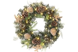 BRIFUL Christmas Wreath 20" Christmas Front Door Wreath Ornament with LED Lights Pinecone Berries Artificial Pine Garland for Party Table Fireplaces Porch Walls New Years Halloween Home Decor
