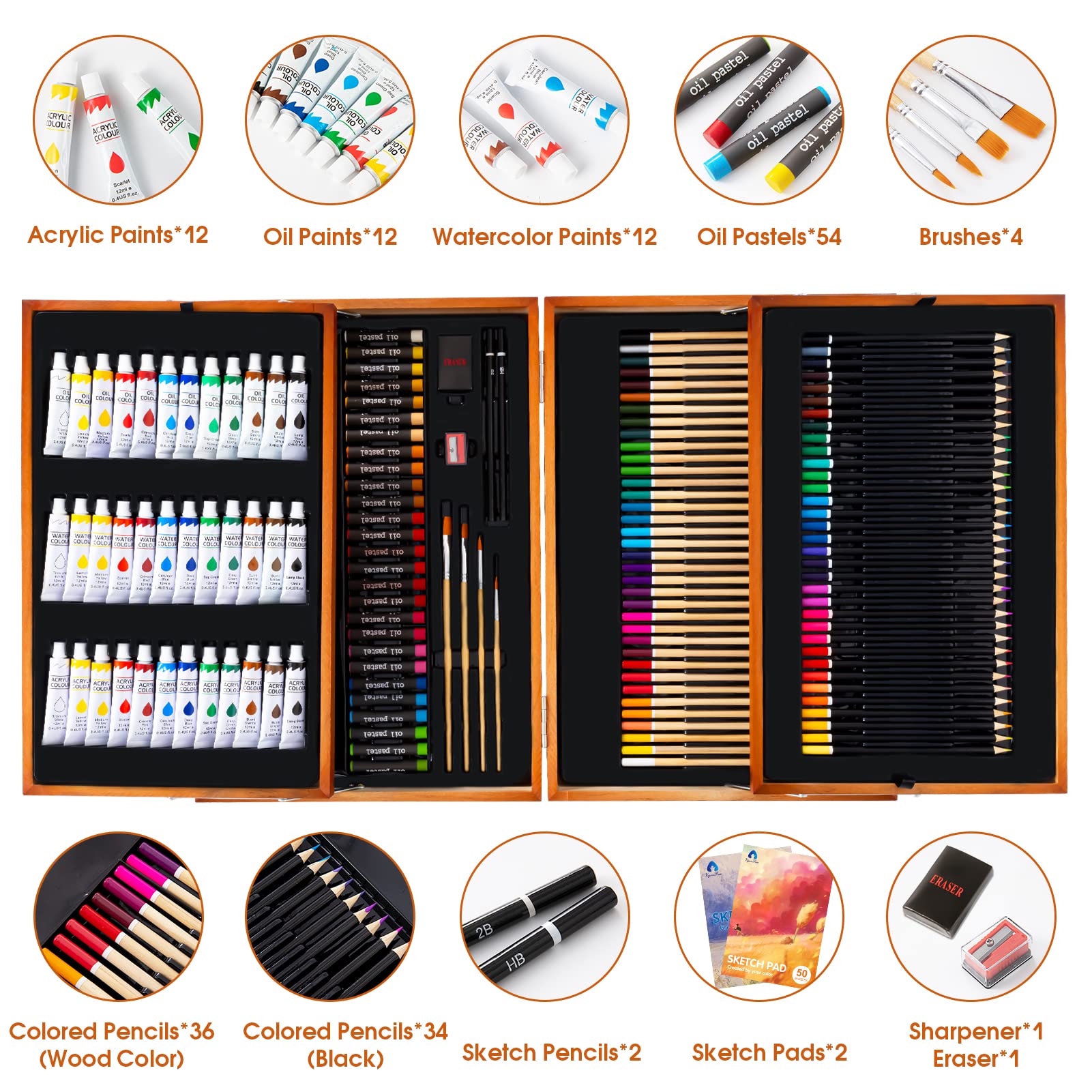 VigorFun Art Supplies, 170-Piece Deluxe Wooden Art Set Crafts Kit with Oil Pastels, Colored Pencils, Watercolor Paint, Acrylic Paint, Oil Paint, Creative Gift for Kids, Teens, Beginners Girls Boys