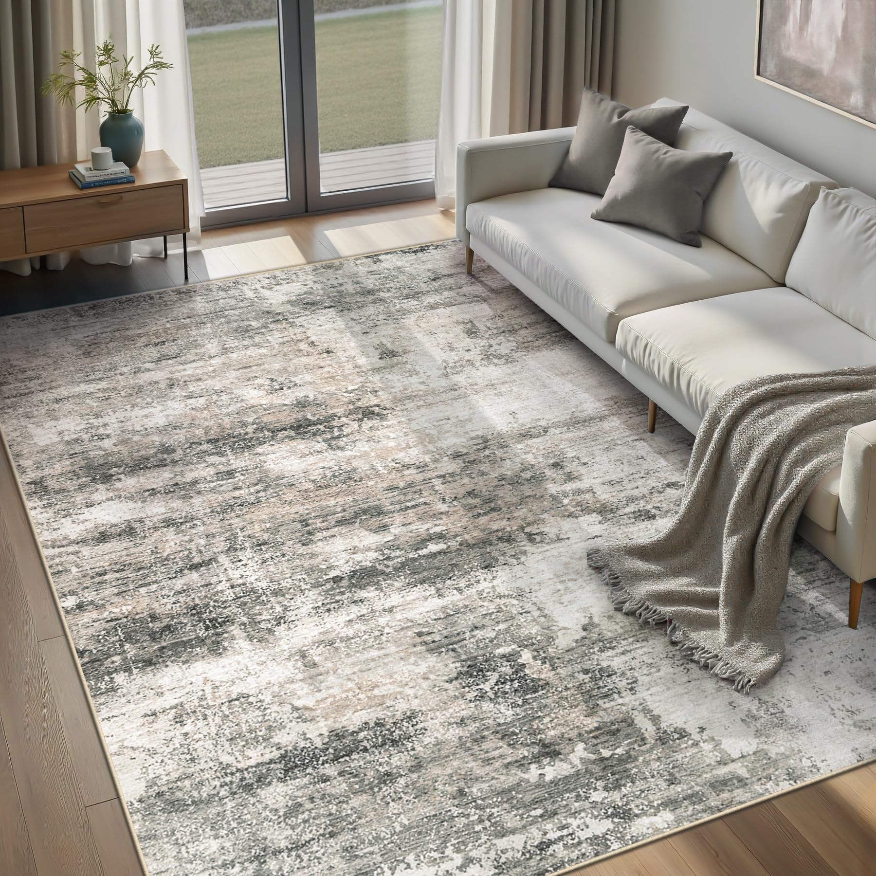 Photo 1 of Area Rugs for Living Room: 5x7 Washable Rug Modern Abstract Neutral Soft Rug Non-Slip Low-Pile Indoor Floor Carpet for Bedroom Nursery Dining Room Home Office (Beige Brown Black, 5'x7')