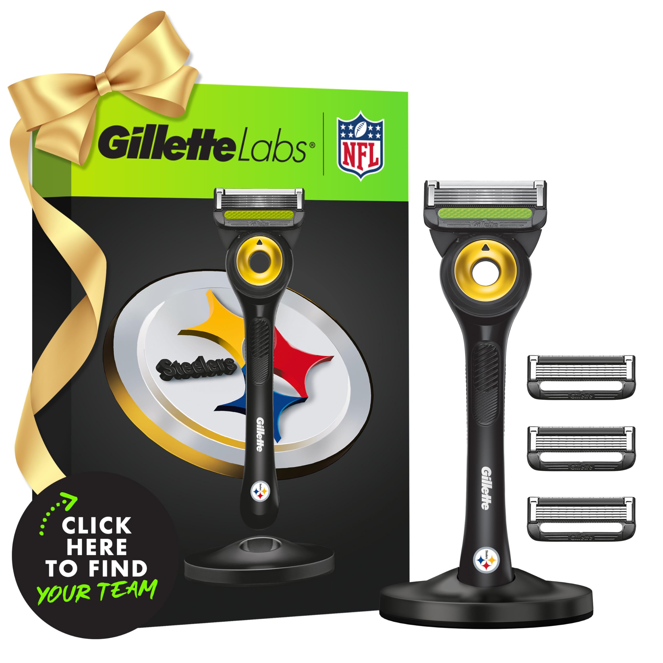 Gillette Labs Special NFL Steelers Edition Shaving Razor for Men - 1 Handle, 4 Razor Blade Refills & Magnetic Stand, Holiday Gifts for Men, GilletteLabs with Exfoliating Bar Image