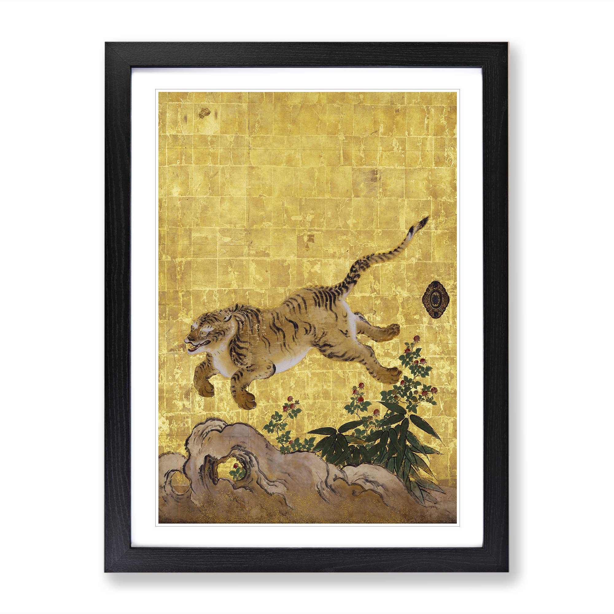 Leaping Tiger By Hashimoto Gaho Asian Japanese Framed Wall Art Print, Ready to Hang Picture for Living Room Bedroom Home Office Décor, Black A4 (34 x 25 cm)