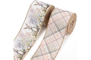 2 Rolls 2.5" × 5 Yd Spring Easter Ribbon Bunny Flower Eggs Wired Burlap Ribbon Buffalo Plaid Easter Decor Ribbons for Spring 