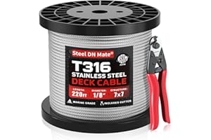 Steel DN Mate 220FT 1/8" Genuine T316 Stainless Steel Cable for Deck Cable Railing, Stair & Fence Systems, Marine Grade 7x7 Strand Wire Rope with Cutter – Corrosion-Resistant, ASTM Certified DW22