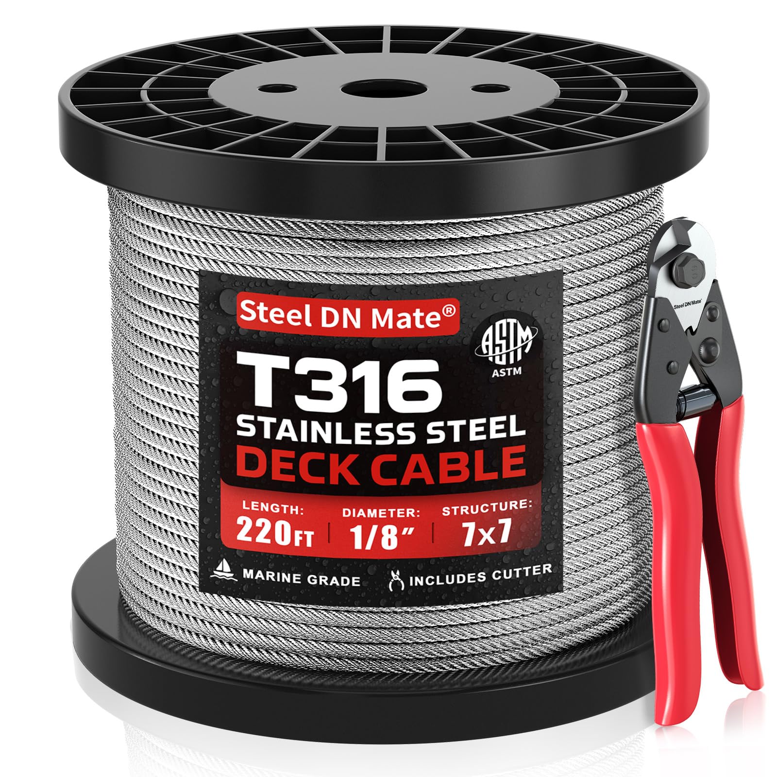 Photo 1 of Steel DN Mate 220FT 1/8" Genuine T316 Stainless Steel Cable for Deck Cable Railing, Stair & Fence Systems, Marine Grade 7x7 Strand Wire Rope with Cutter – Corrosion-Resistant, ASTM Certified DW22