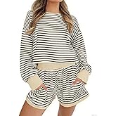 MISSACTIVER 2 Piece Lounge Set Women Stripe Knit Short Sleeve Tee Shirts Shorts Casual Summer Loungewear Shorts Sets